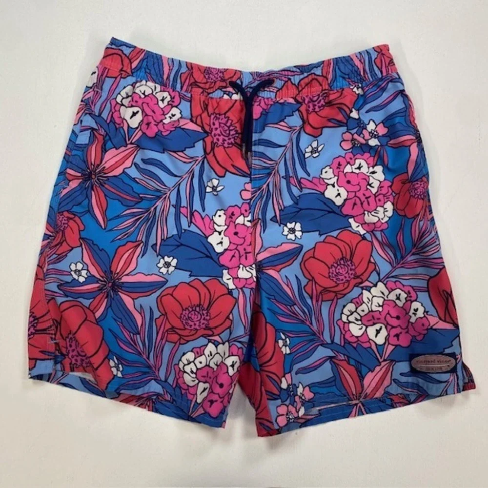 Vineyard Vines Boys XL Chappy Floral Swim Trunk Blue Pink 3M001197 7 Inch Inseam